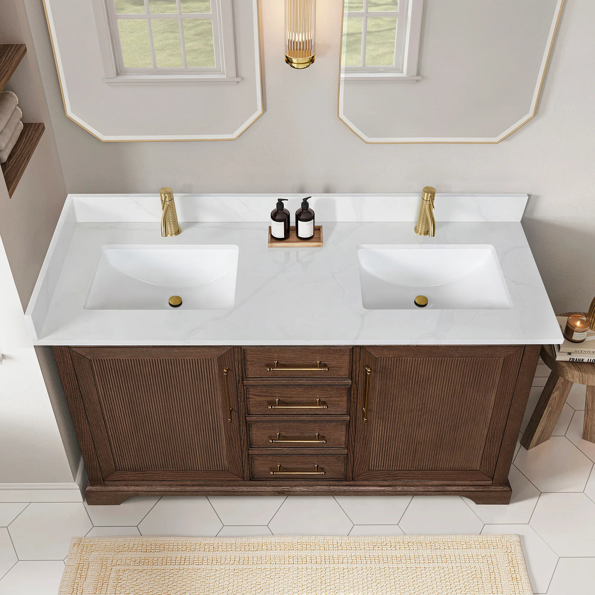 High-angle view of the 60 inch double vanity in Aged Dark Brown Oak, showing the Silk White Quartz top and sink