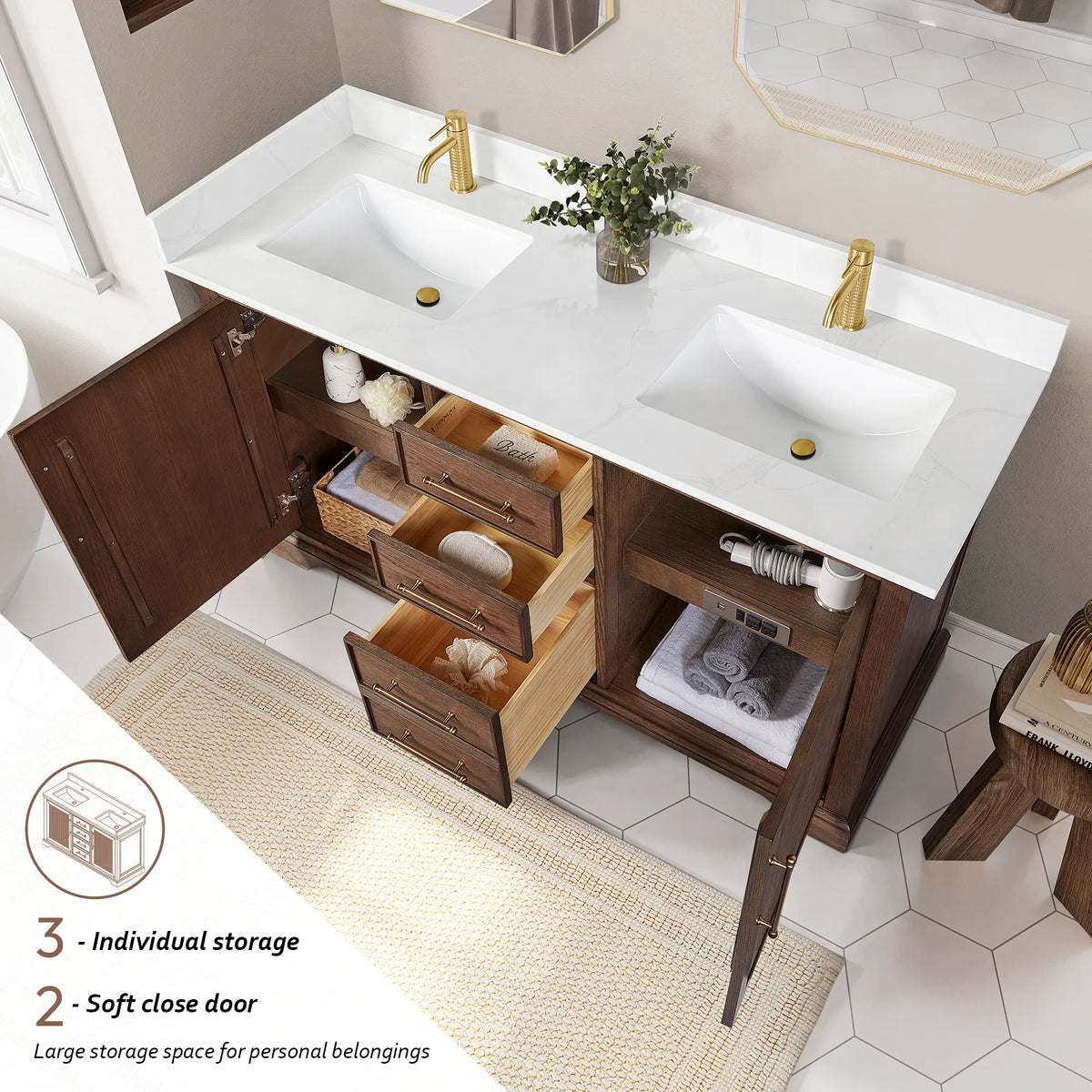 Storage callout on an open 60 inch double vanity in Aged Dark Brown Oak: soft-close doors and drawers