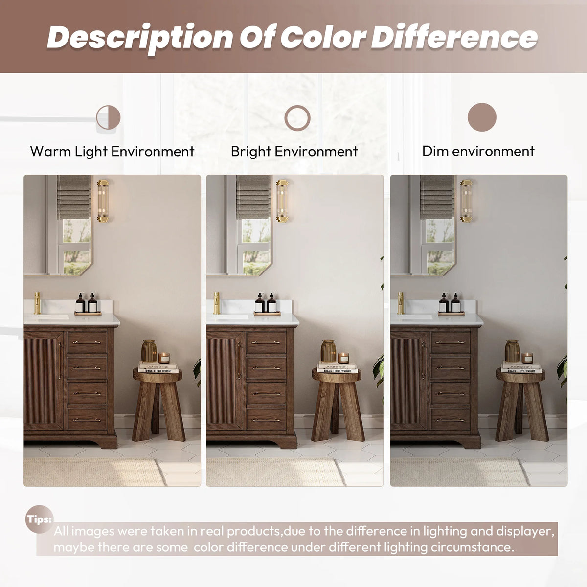 Lighting comparison: Aged Dark Brown Oak vanity in warm, bright and dim environments