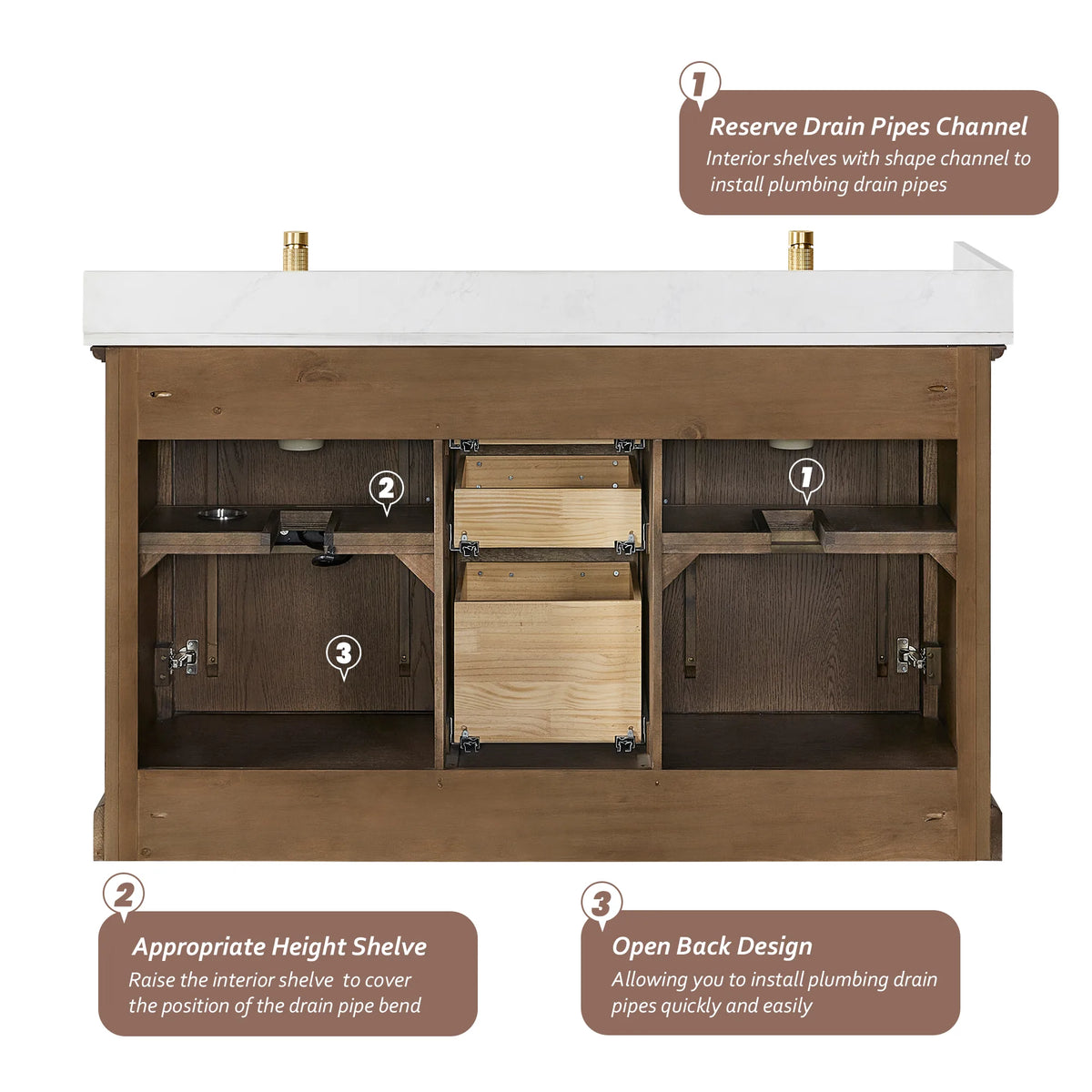Interior callout: reserved drain pipe channel, height-adjustable shelf and open back, 60 inch width