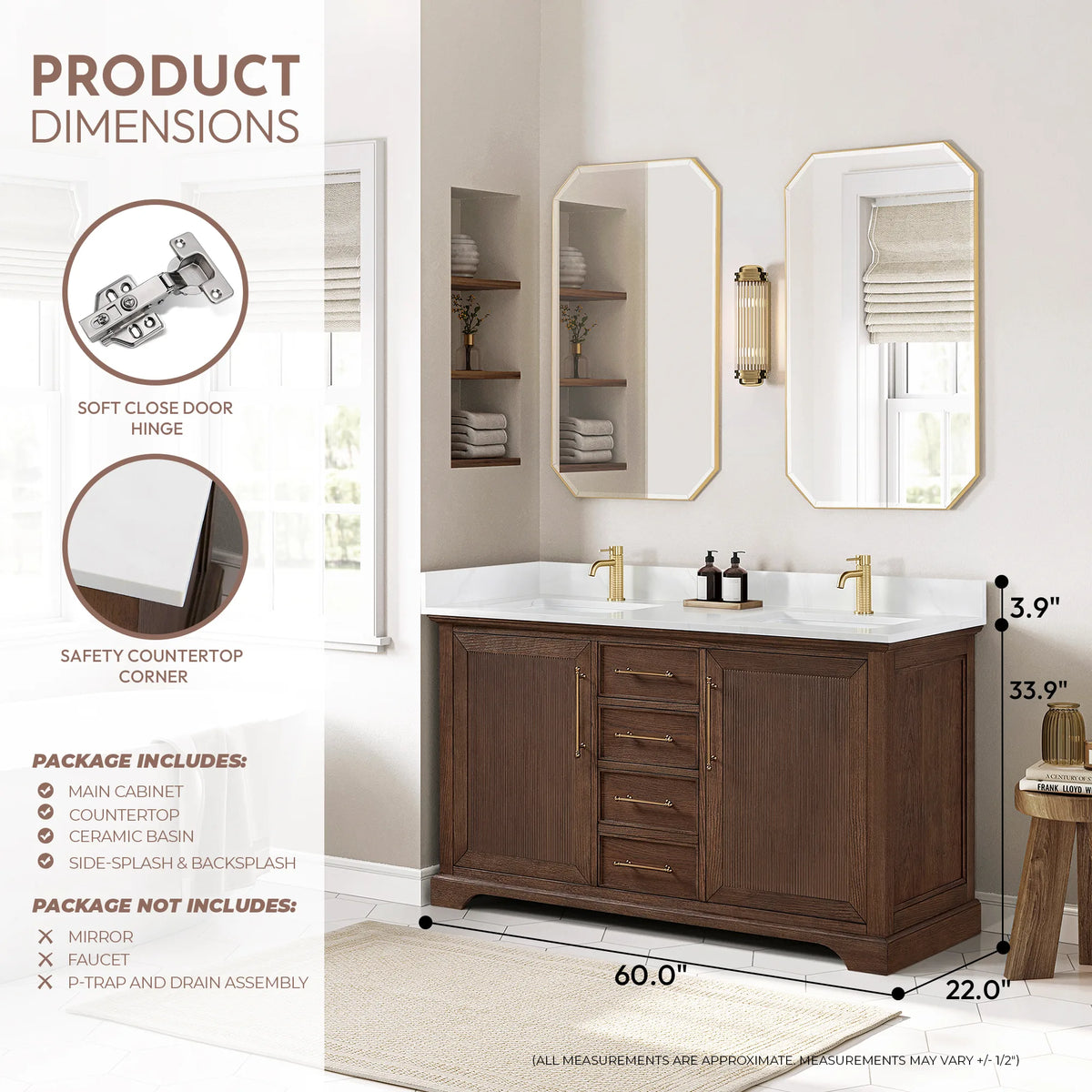 Dimensions graphic, 60 x 22 x 34 inches, for the double vanity with door hinge and corner notes