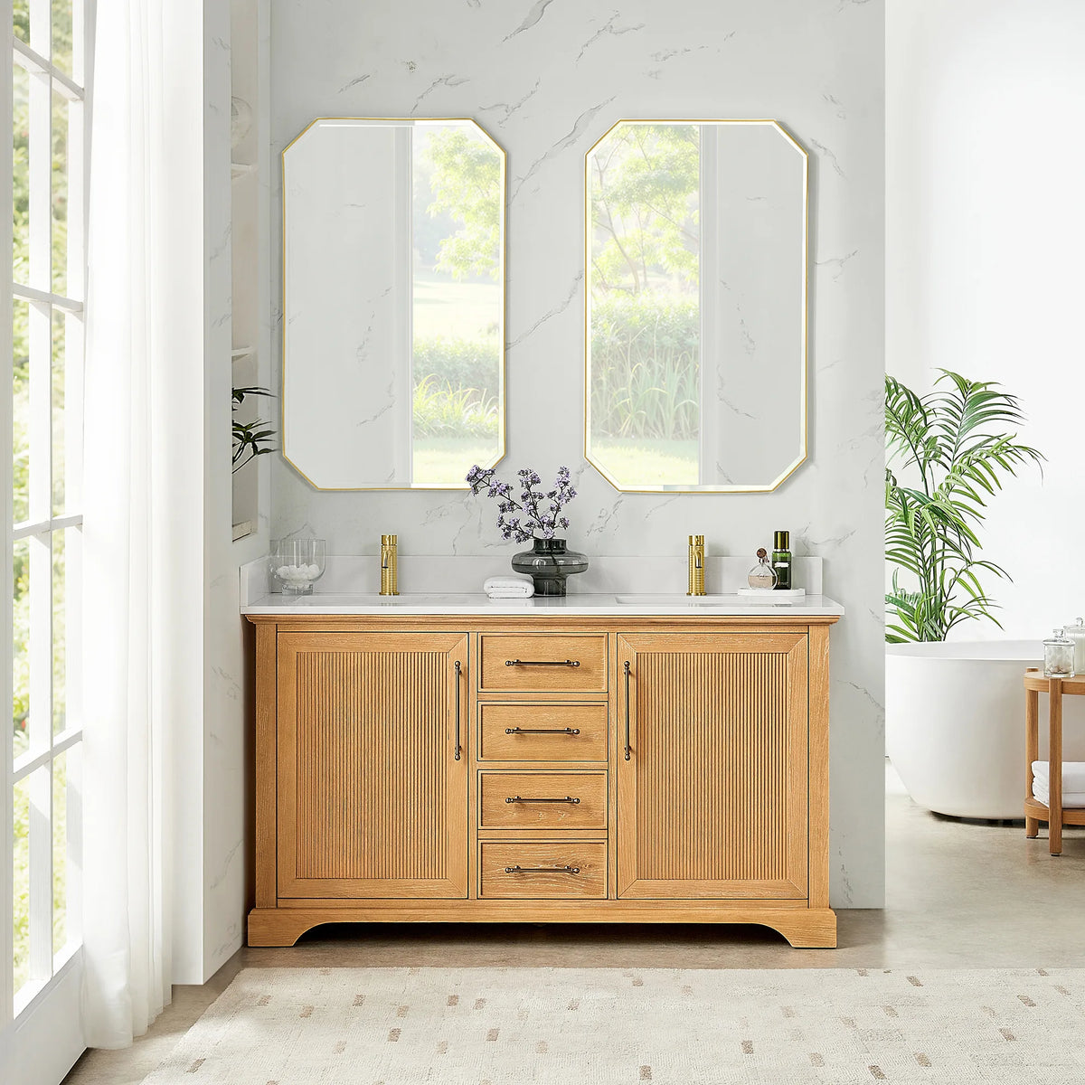Room view: two octagonal mirrors over a 60 inch double vanity in Oak Natural Brown, marble-look walls and tall windows
