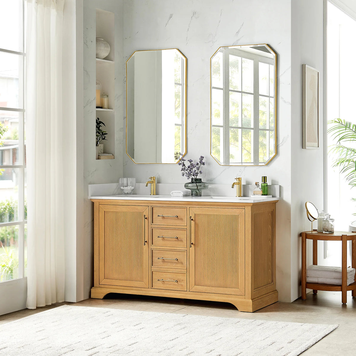 60 inch double vanity in Oak Natural Brown in a bathroom with a round wooden side table nearby