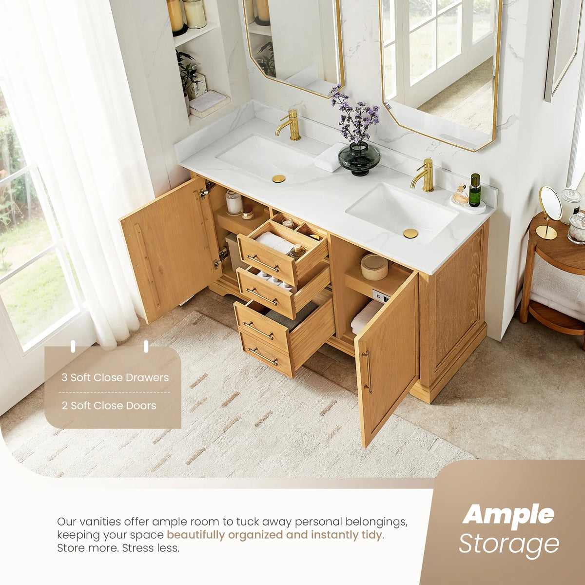 Room view from above of a 60 inch Oak Natural Brown double vanity with doors and drawers open