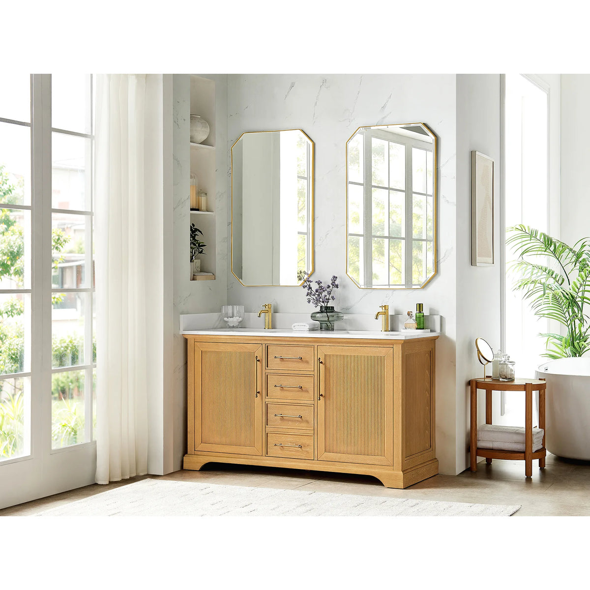 Wide room scene with a 60 inch double vanity and a round wooden side table, marble-look walls and tall windows