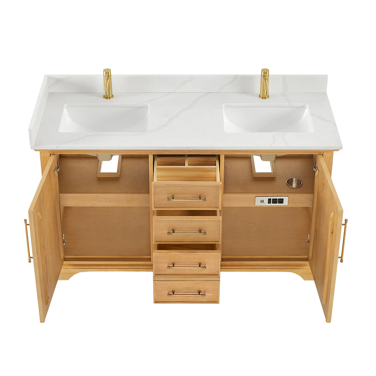 60 inch double vanity in Oak Natural Brown, front view with every door and drawer open