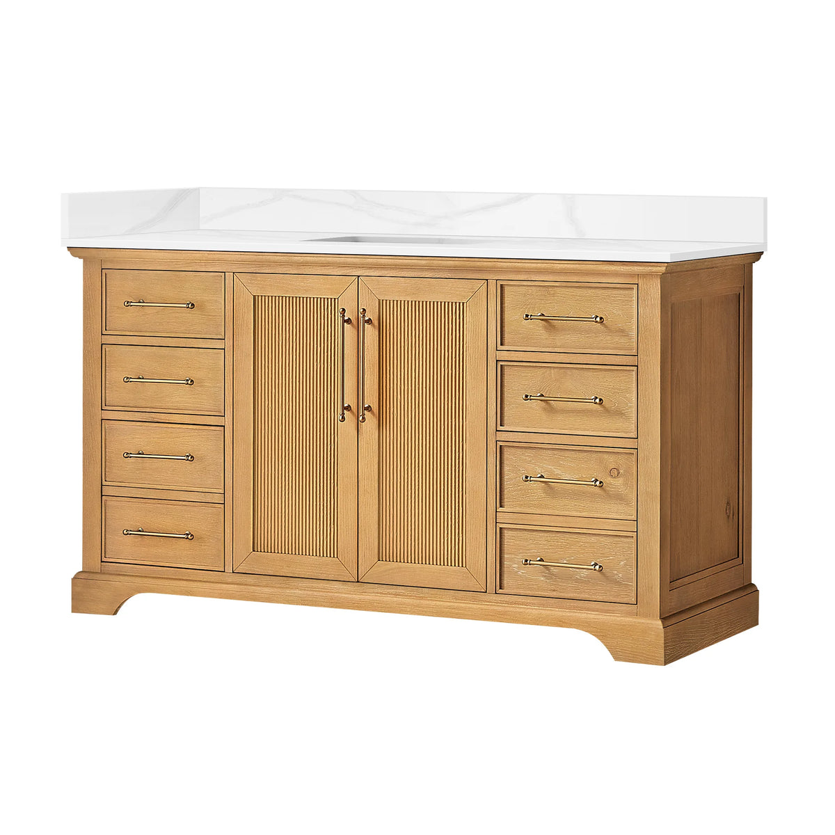Freestanding single bathroom vanity, 60 inches wide, finished in Oak Natural Brown under a Silk White Quartz top