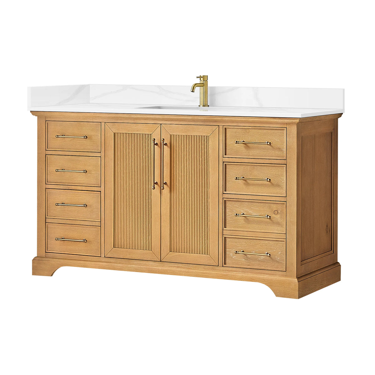 Oak Natural Brown single vanity front view with faucet pictured, faucet not included, 60 inch width