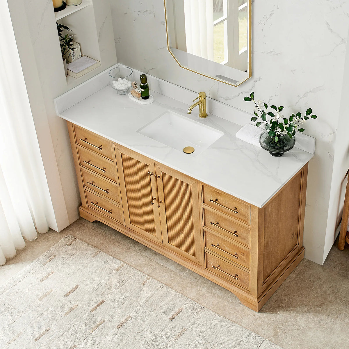 Looking down on a 60 inch Oak Natural Brown single vanity top with an undermount sink