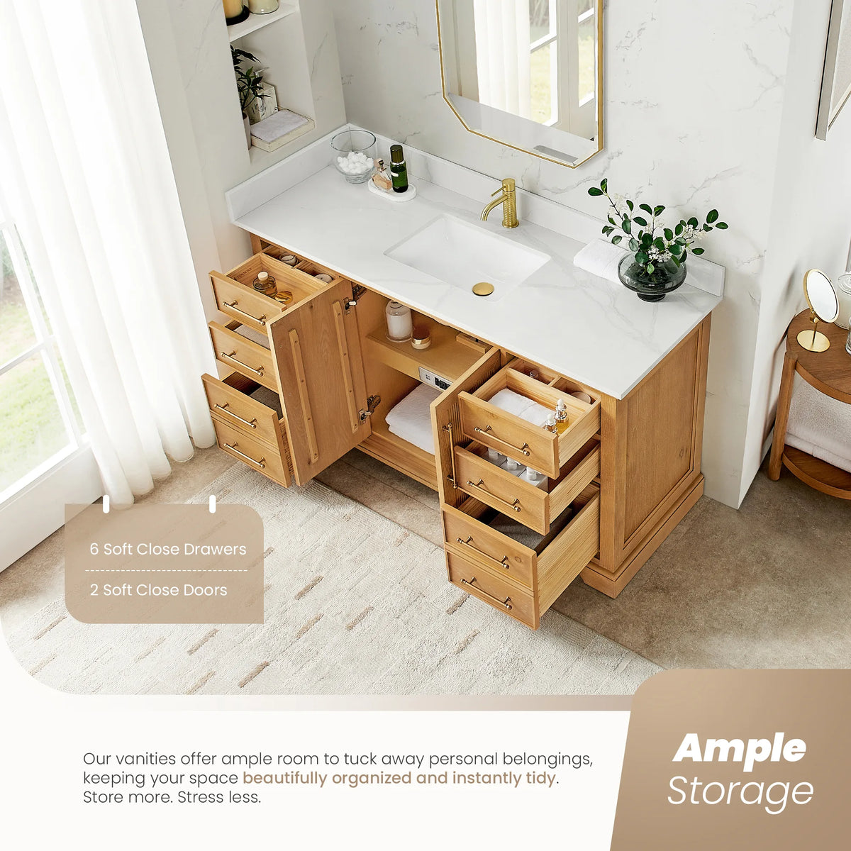 High-angle scene with the cabinet open: 60 inch single vanity in Oak Natural Brown