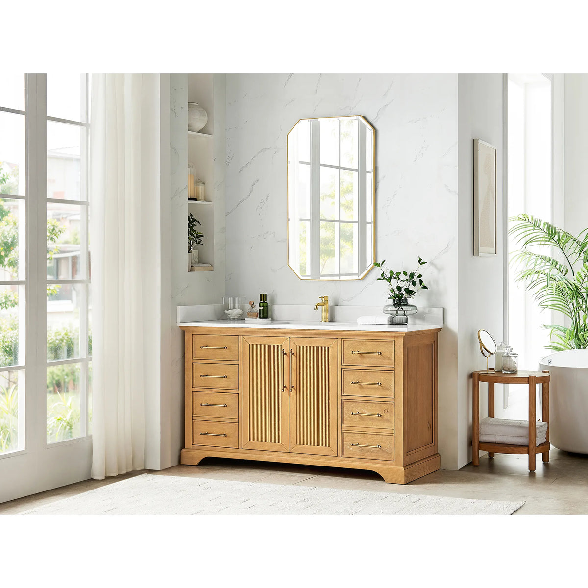 Full bathroom view featuring the 60 inch single vanity in Oak Natural Brown