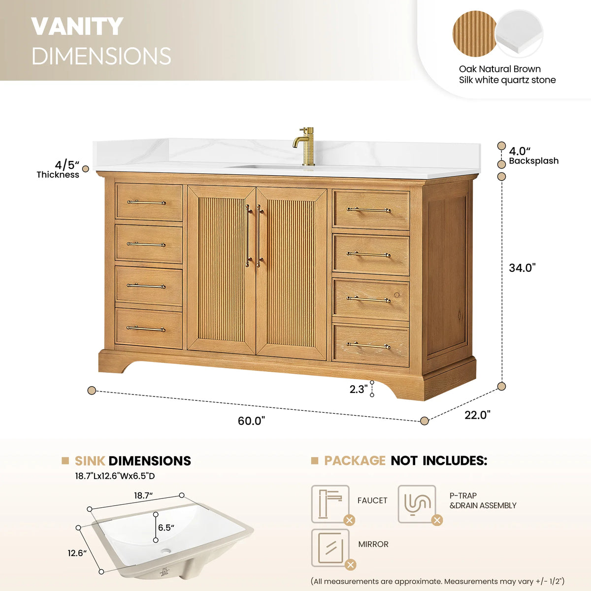 Product sizes for the single vanity: width 60, depth 22, height 34 inches, plus sink cutout