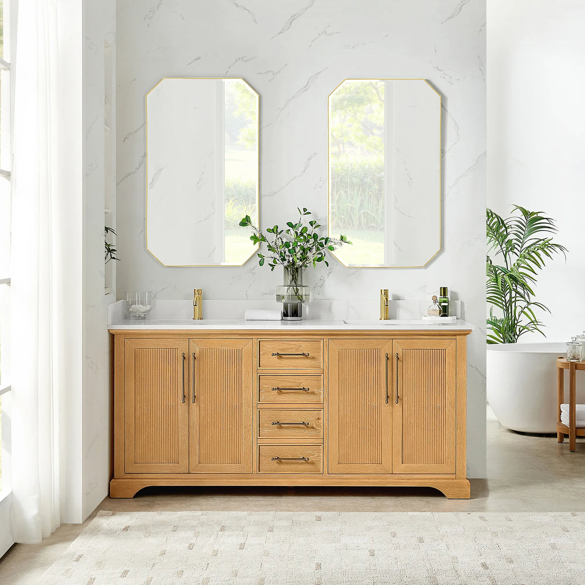Bathroom scene with two octagonal mirrors and a 72 inch double vanity, marble-look walls and tall windows