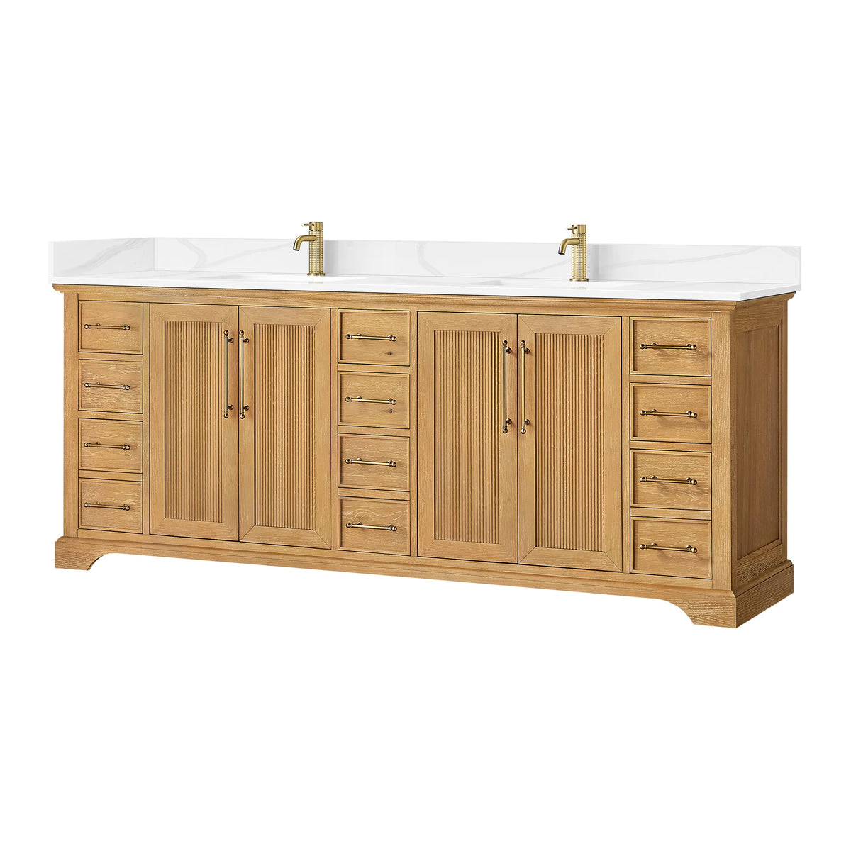 Double bath vanity in Oak Natural Brown on white, pictured with a faucet that is not included