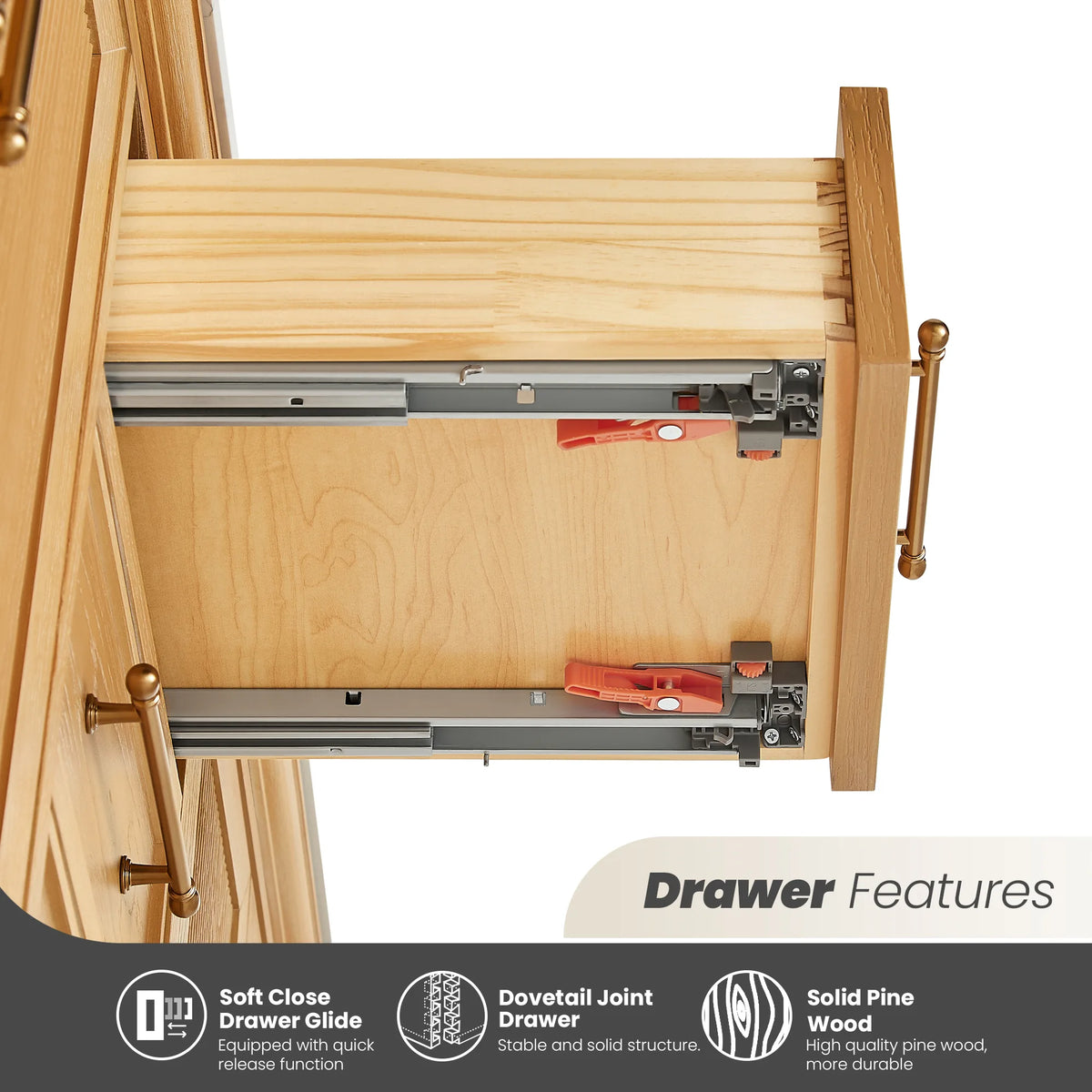 Drawer features callout: soft-close drawer glide and dovetail joint drawer box, 84 inch width, double version