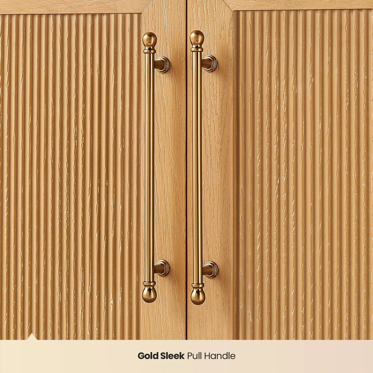 Door handle detail: tall pulls on the fluted doors of an 84 inch double vanity