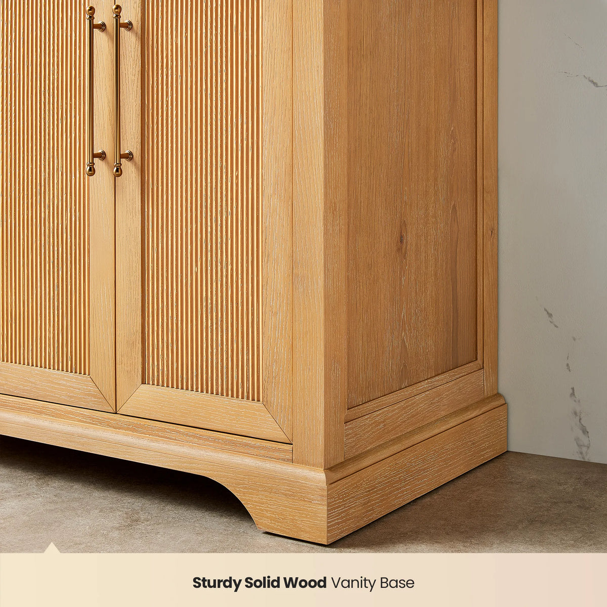 Solid wood vanity base callout on an 84 inch double vanity