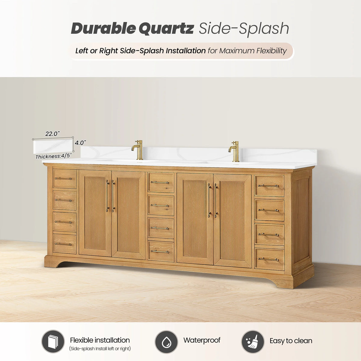 Side-splash callout: the top installs on either side and is waterproof and easy to clean, 84 inch width