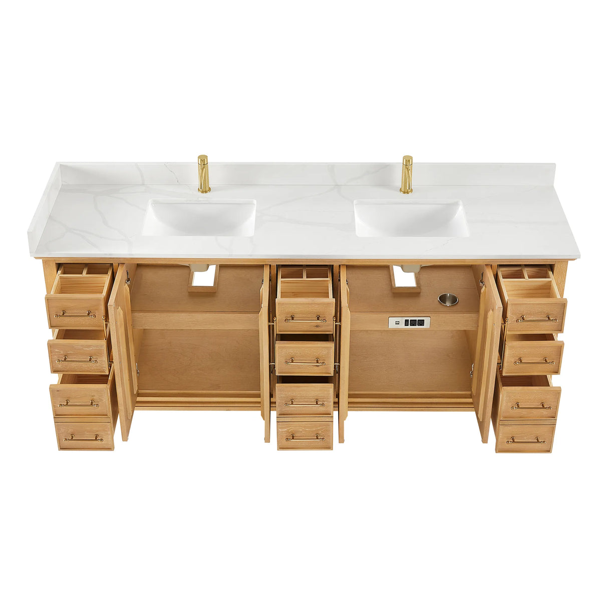 84 inch double vanity in Oak Natural Brown, front view with every door and drawer open