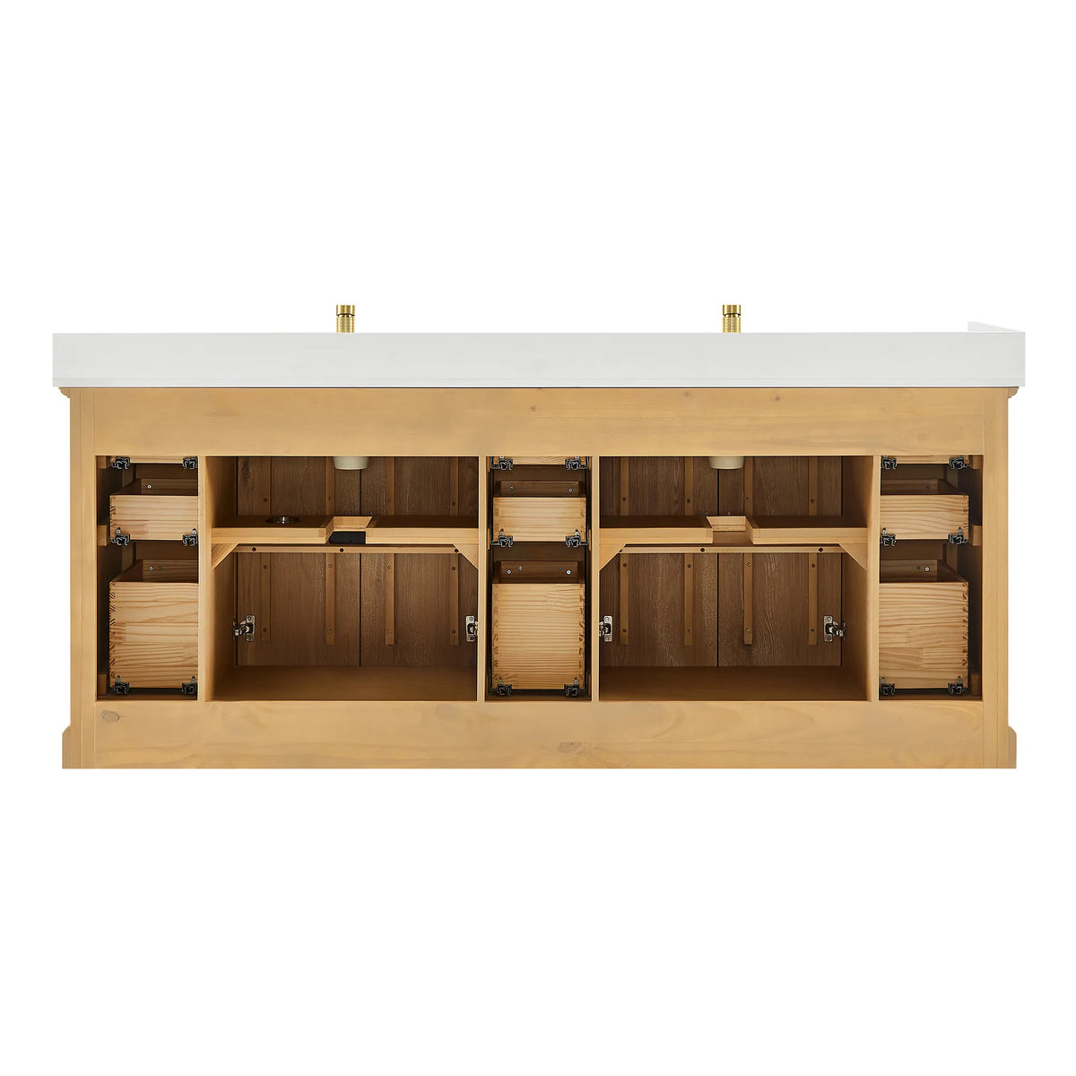 Cabinet interior of the 84 inch double vanity with doors and drawers taken out