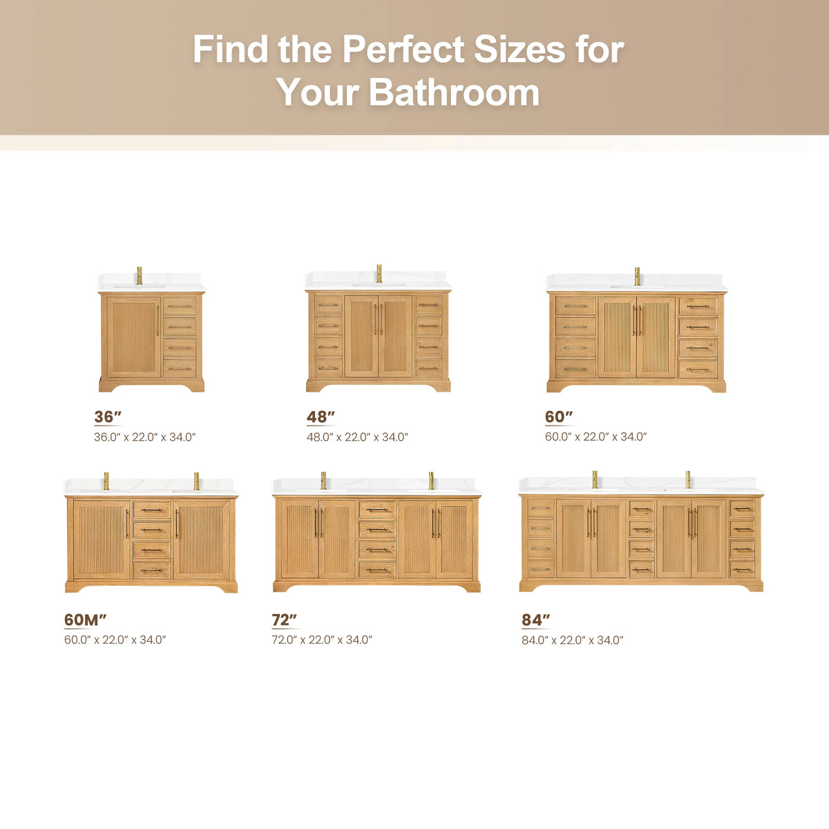 Available size options graphic for the Oak Natural Brown single and double vanities