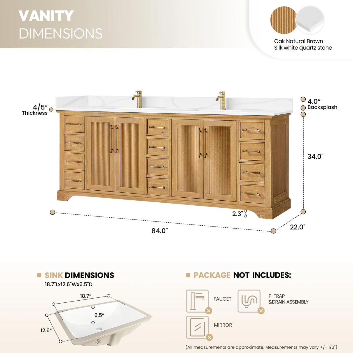 Dimensions drawing, 84 x 22 x 34 inches, for the double vanity with sink dimensions noted