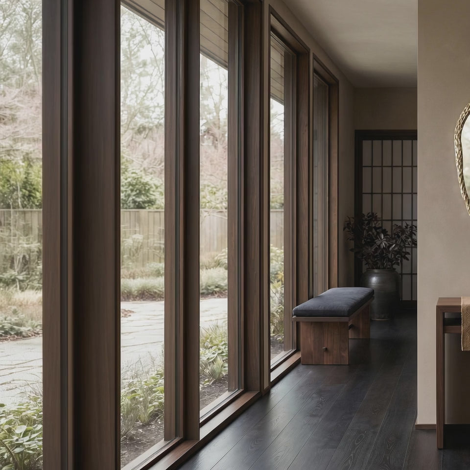 A short video of modern interior with a round golden mirror, wooden console table, and bench by large windows.