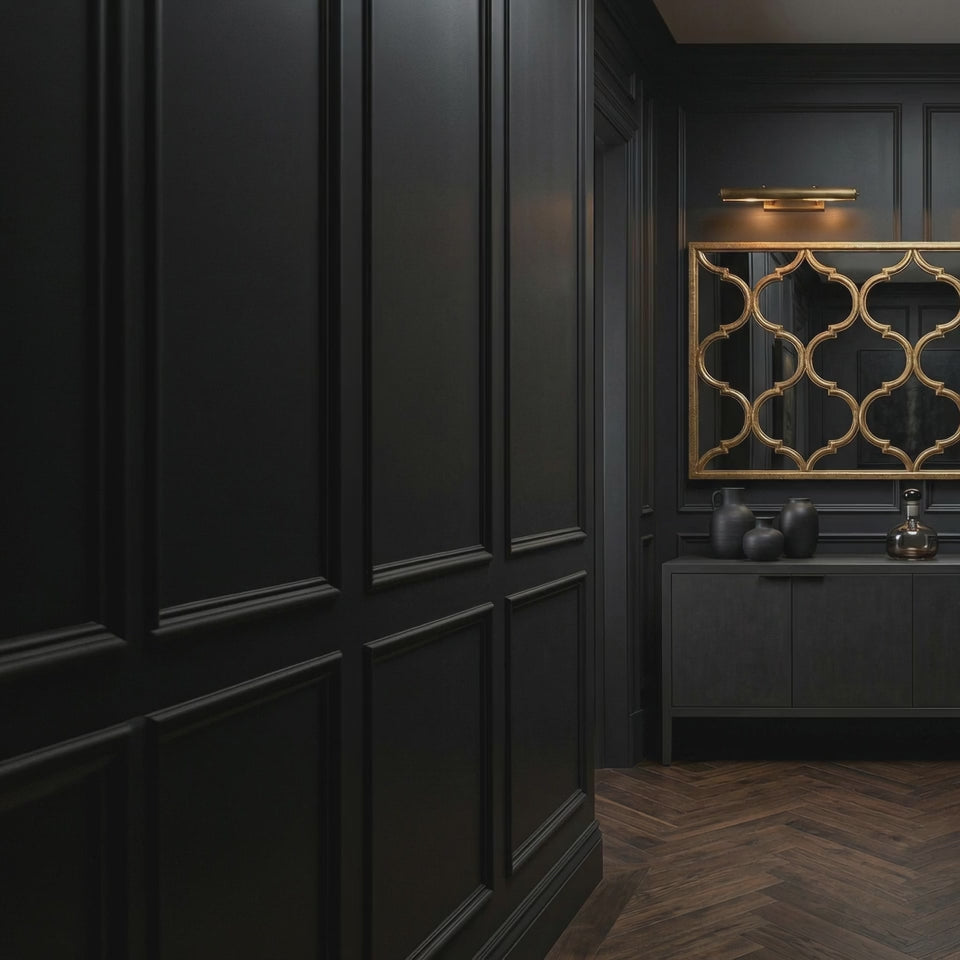 Short product video of Ambella Home Fret Mirror in antique wire brush gold, 81.5W x 2D x 40H oversized fretwork wall mirror above a dark credenza in a luxury hallway