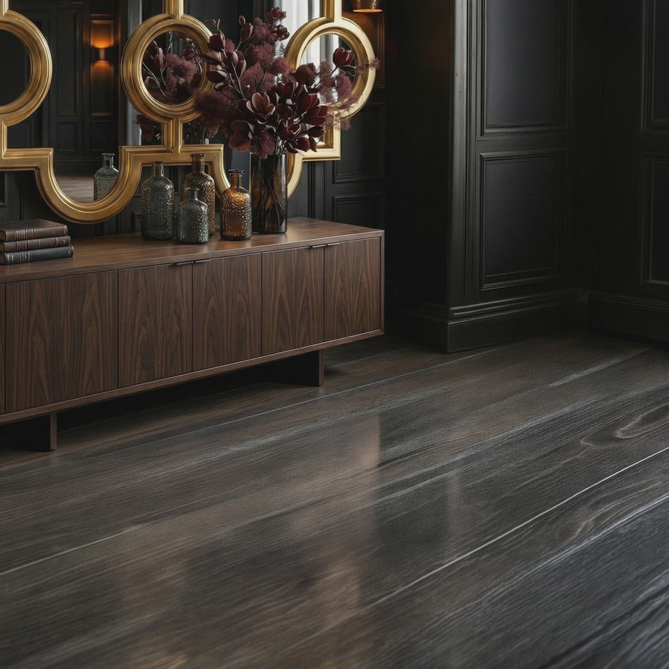 Short product video of Ambella Home Voranado Mirror in burnished gold leaf, 99W x 3D x 43H oversized geometric wall mirror above a dark credenza in a luxury hallway