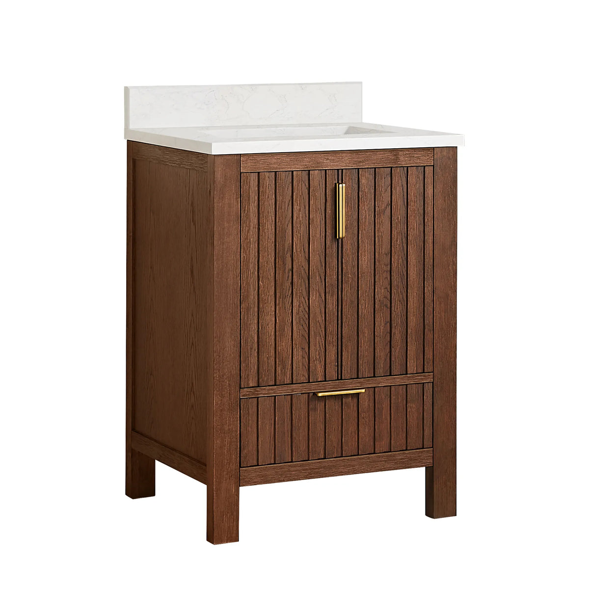 Studio view of an Aged Dark Brown Oak single bathroom vanity, 24-inch wide, with a white composite stone countertop