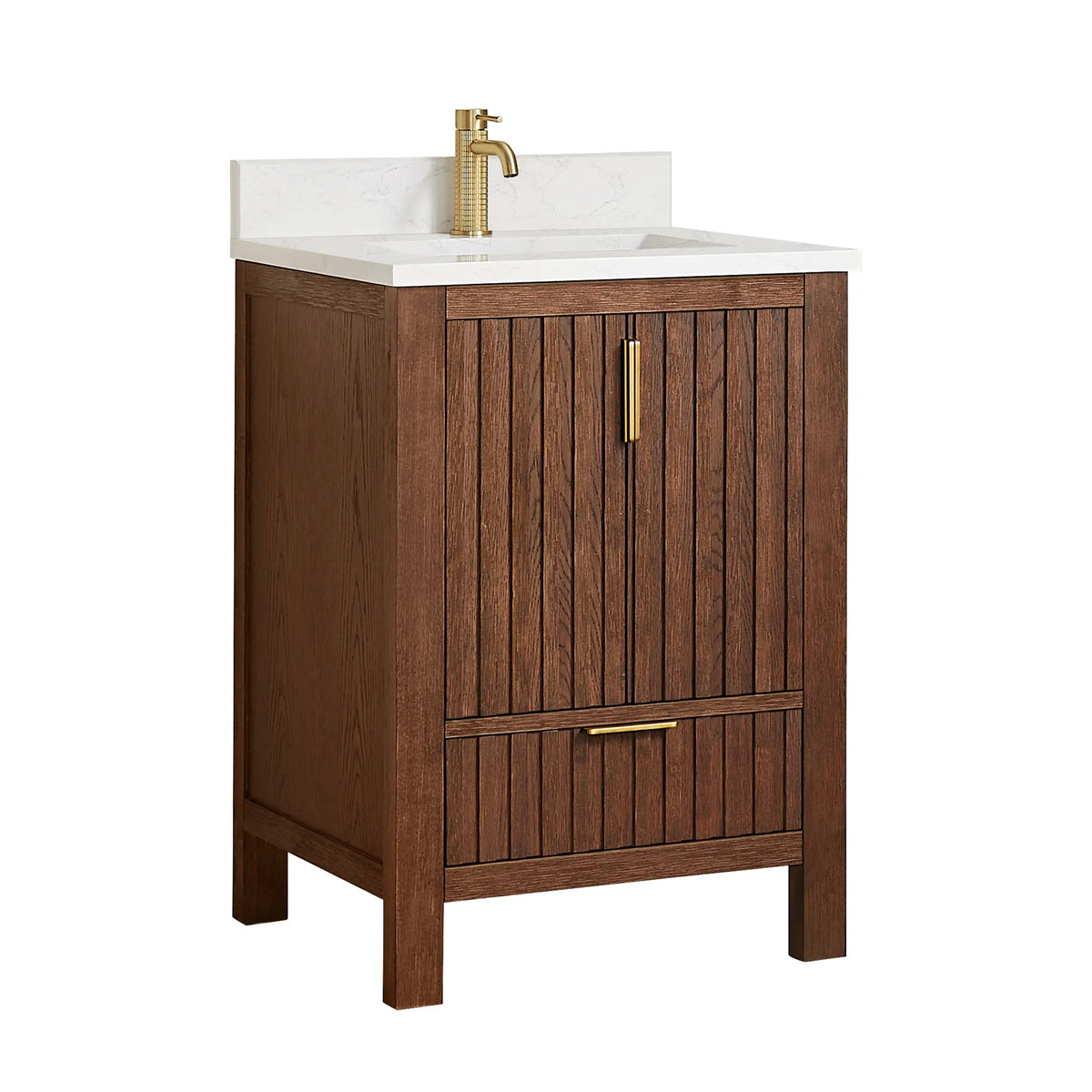 Faucet pictured is not included: 24-inch Aged Dark Brown Oak vanity, a two-door front with one drawer below