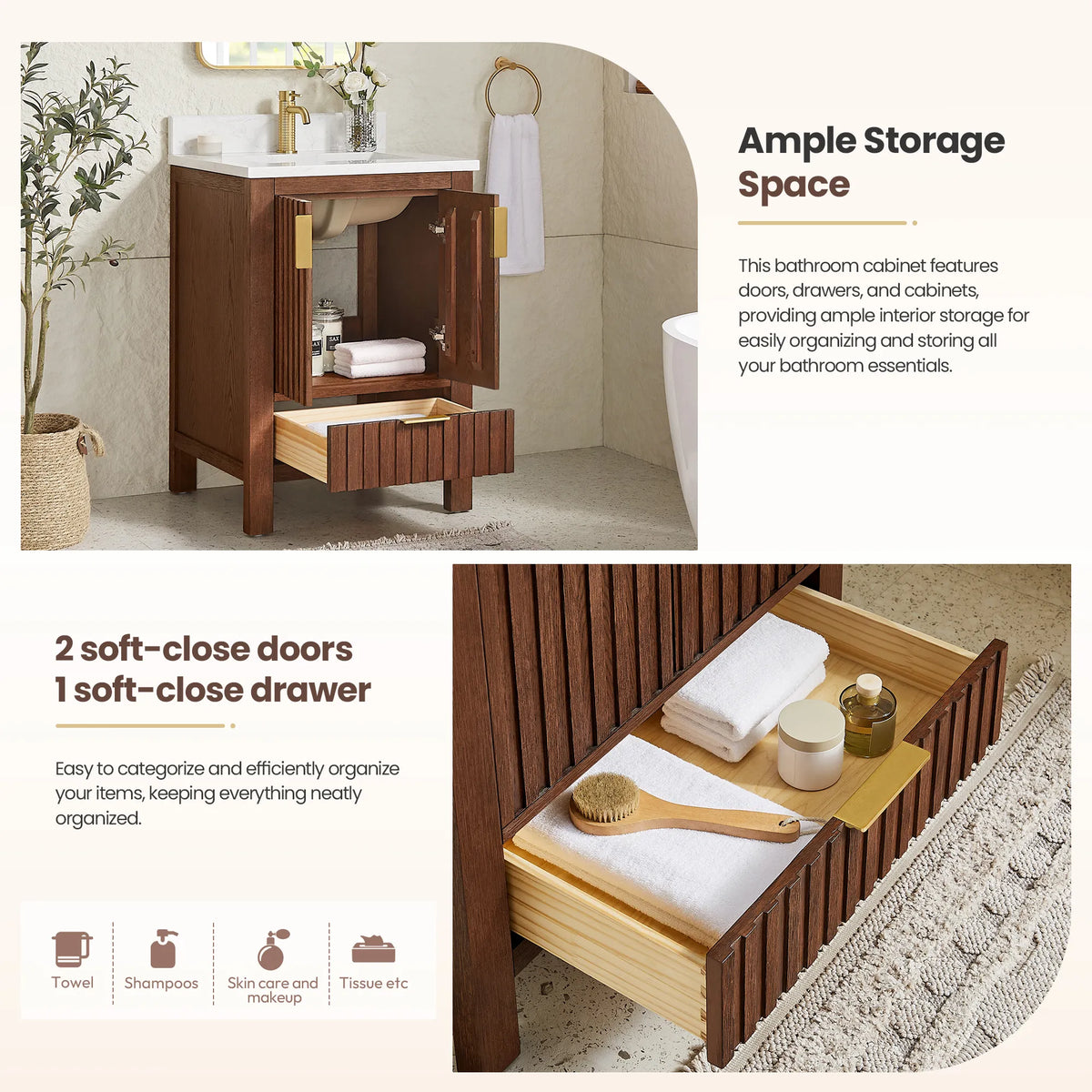 Storage Space panel: soft-close doors over a towel drawer, 24-inch Aged Dark Brown Oak cabinet