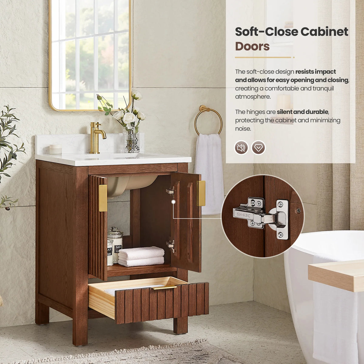 Soft-close doors on the 24-inch Aged Dark Brown Oak vanity shown open with the drawer pulled out and a close-up in a circle