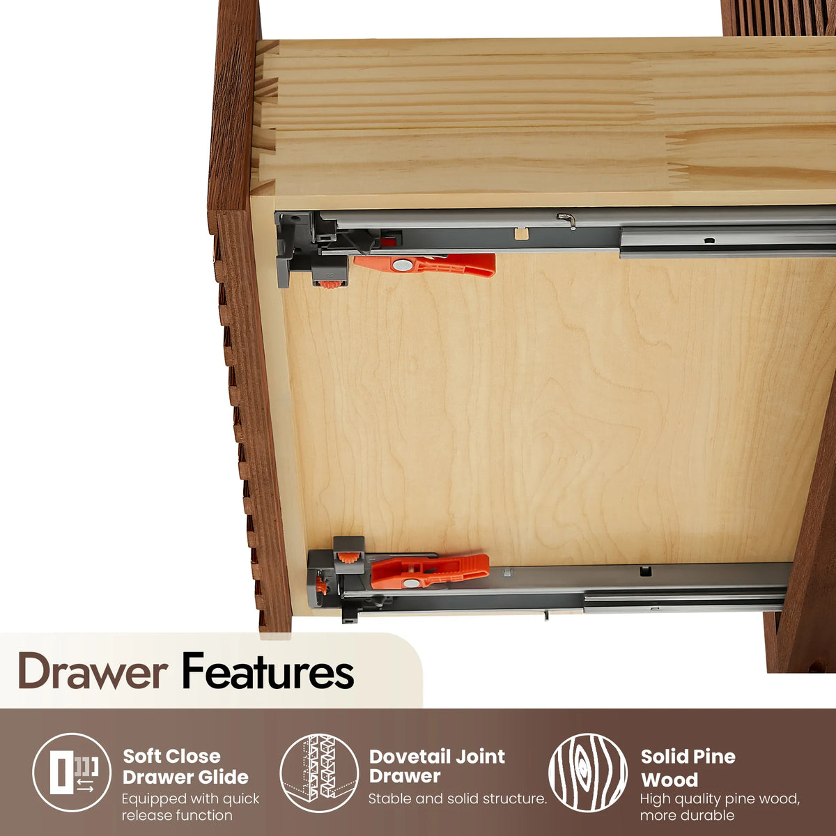 Drawer box detail on the 24-inch Aged Dark Brown Oak cabinet: soft closing glides and solid pine