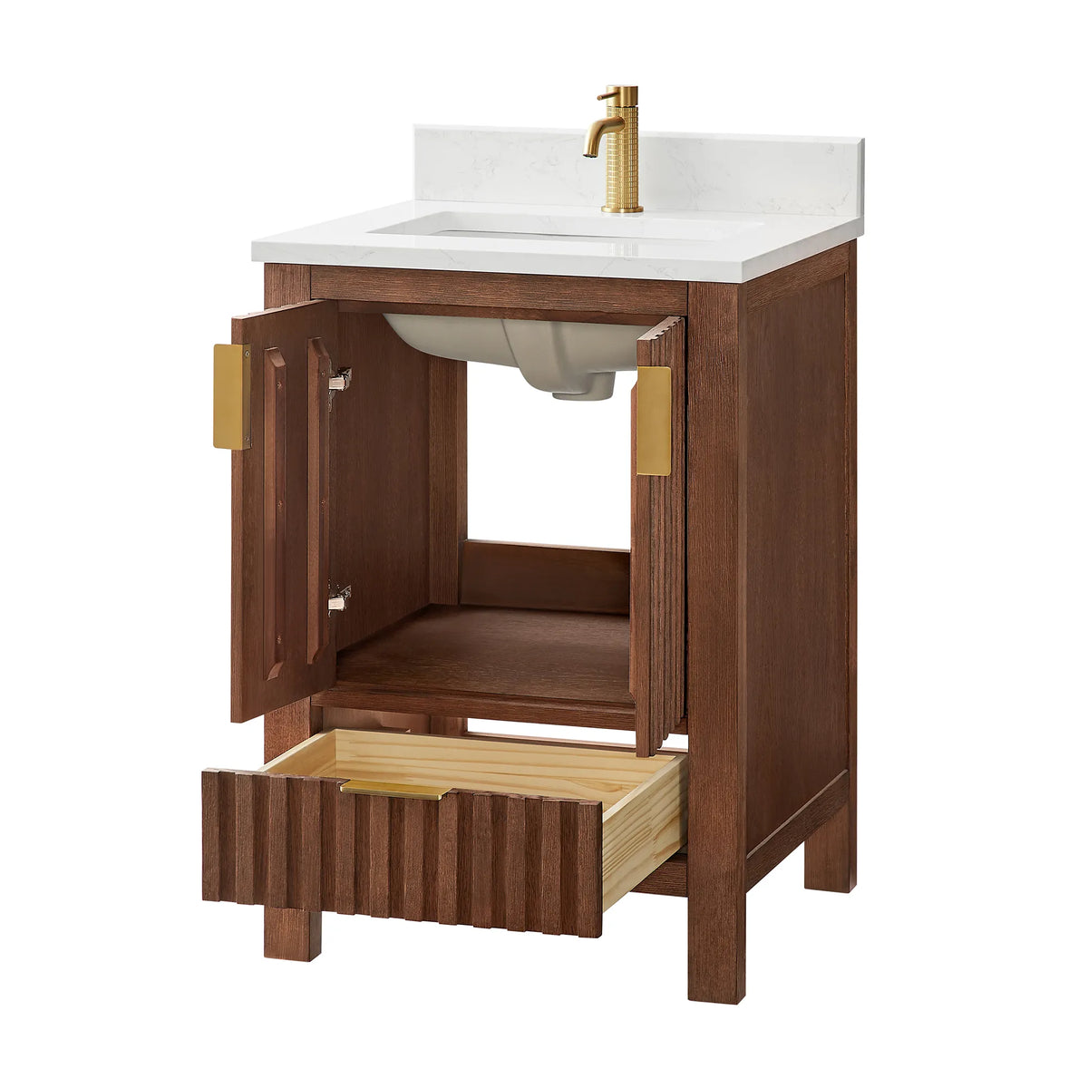Product shot at an angle: 24-inch Aged Dark Brown Oak cabinet, doors wide and the drawer pulled forward