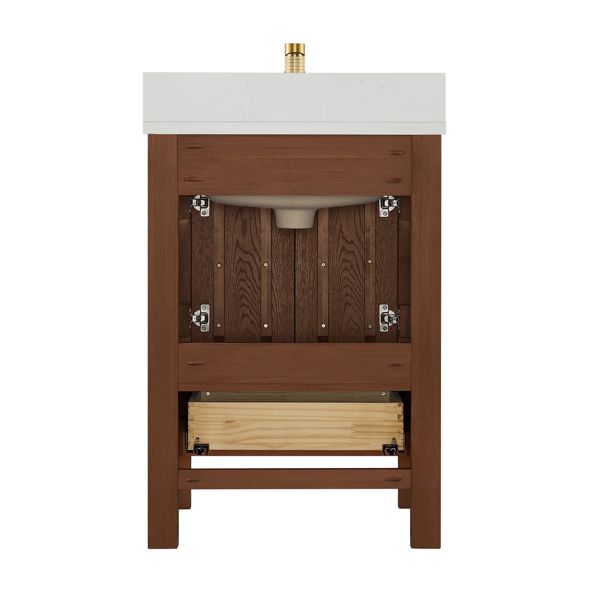Open-front studio shot: drawer boxes and cabinet space of the 24-inch Aged Dark Brown Oak vanity