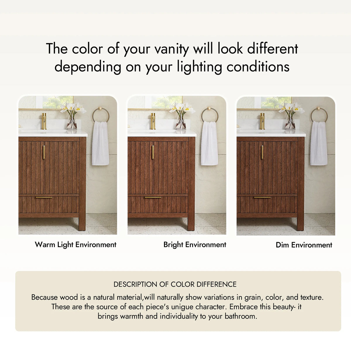Lighting comparison: a sample Aged Dark Brown Oak cabinet in three room settings, with a note on wood variation