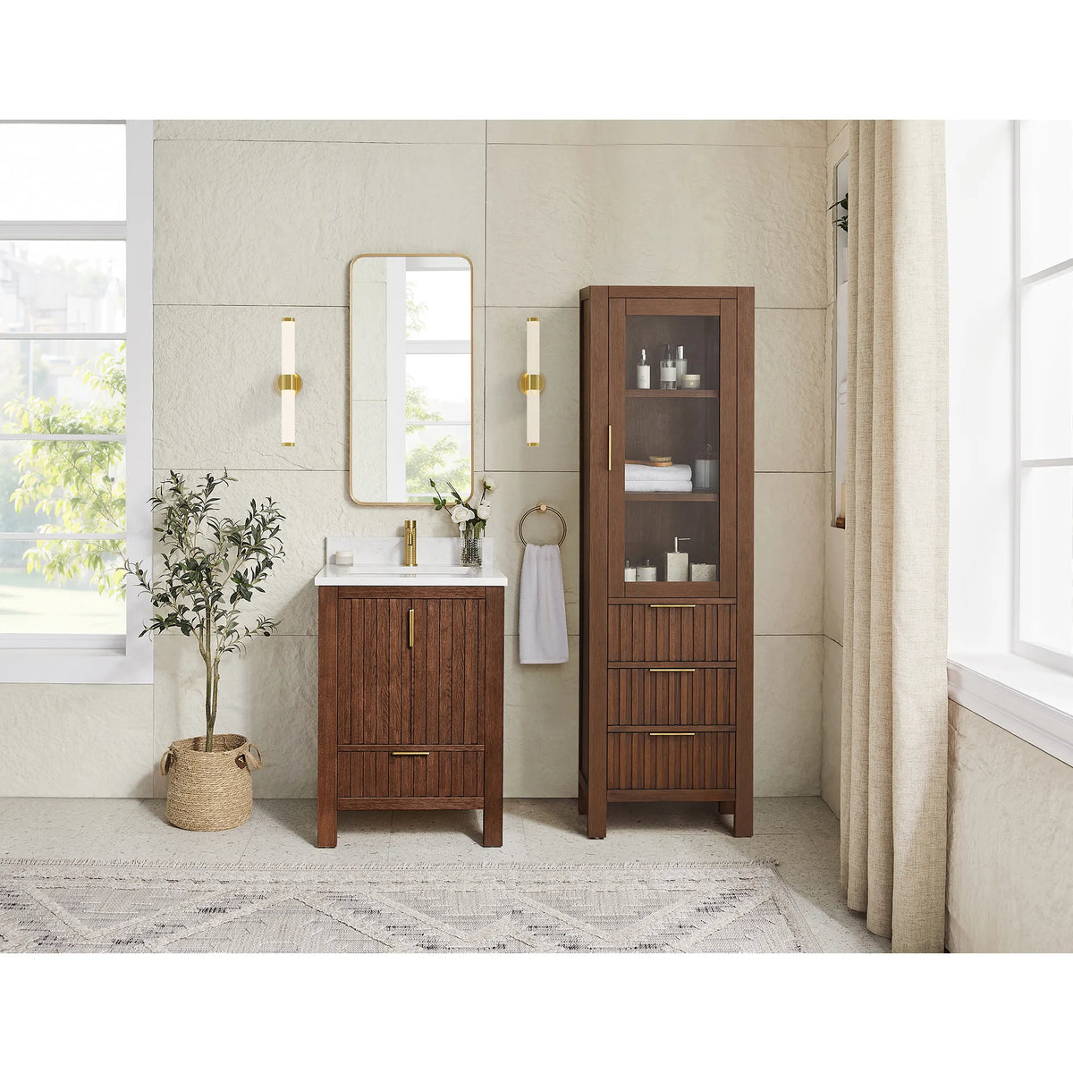 Tall cabinet with a see-through door beside the 24-inch Aged Dark Brown Oak vanity; the cabinet is not included