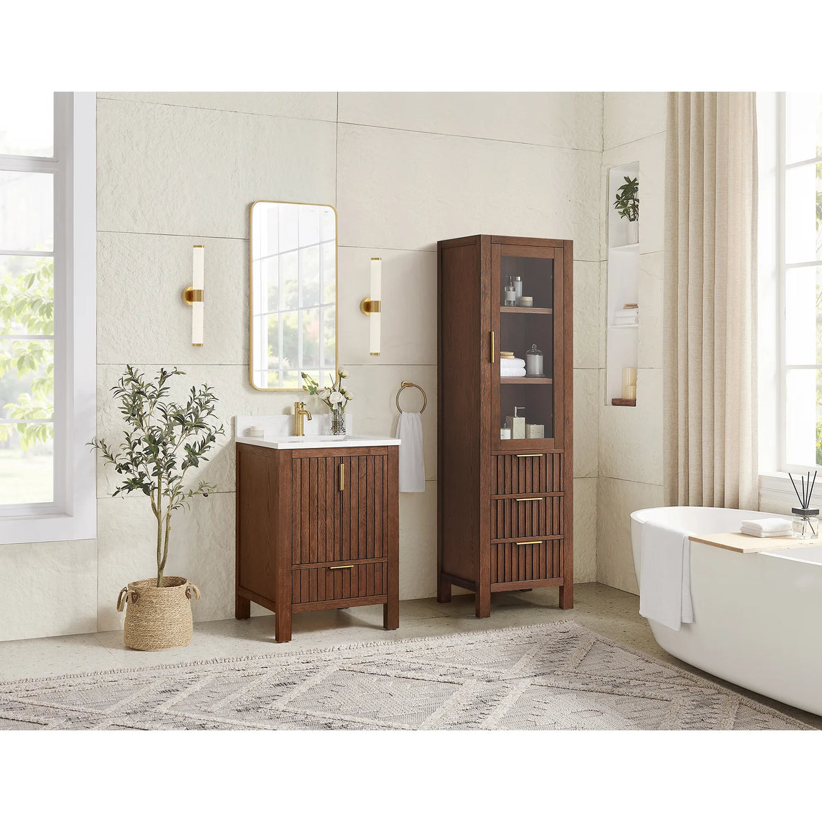 Sunlit bathroom, 24-inch vanity in Aged Dark Brown Oak, the extra tall cabinet shown is not part of the product