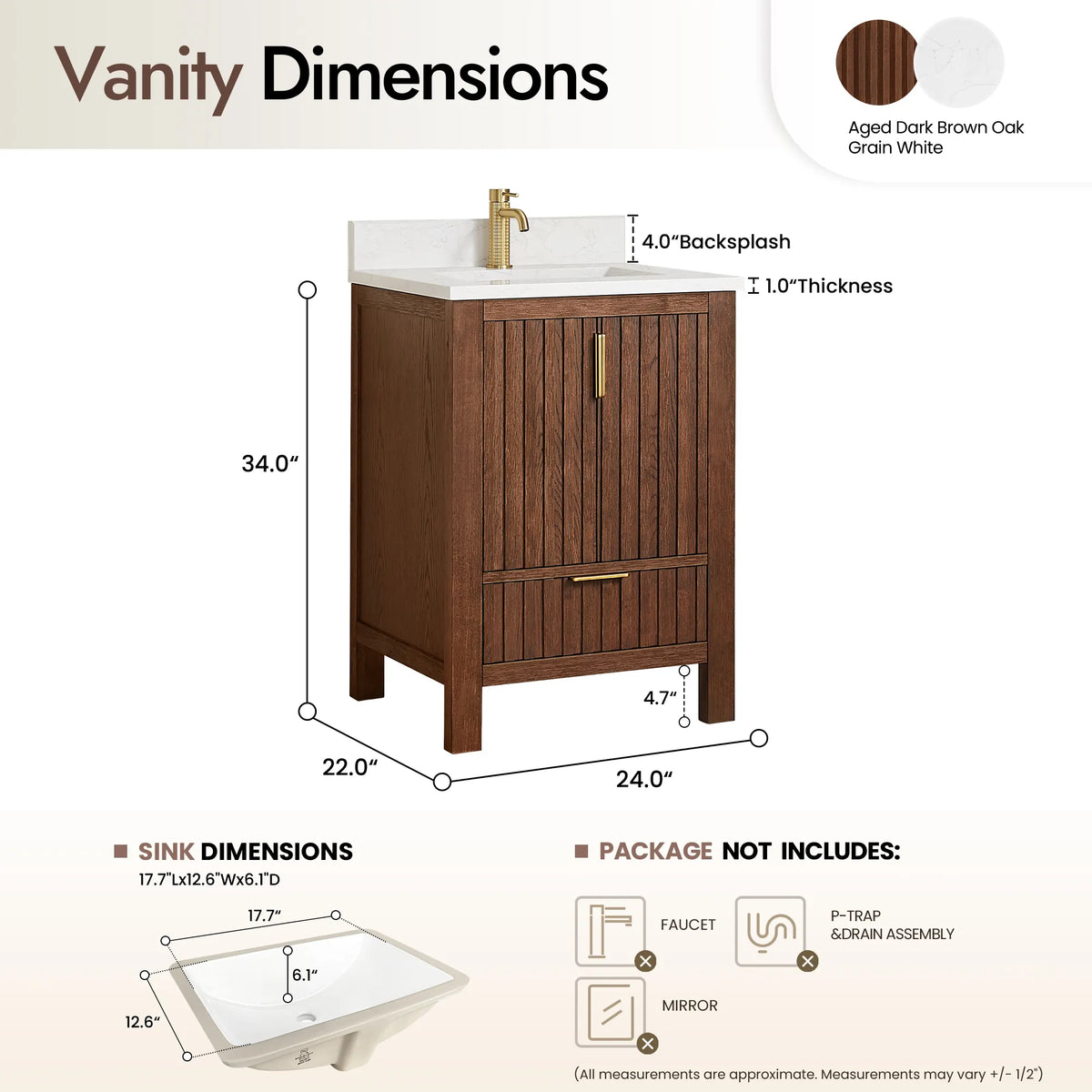 Size diagram for the 24-inch Aged Dark Brown Oak cabinet: 24 by 22 by 34 inches (plumbing parts and mirror not included)