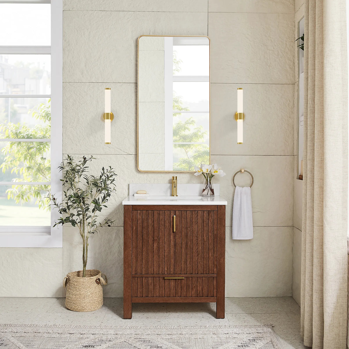 Staged room pairing a matching gold mirror with the 30-inch vanity in Aged Dark Brown Oak