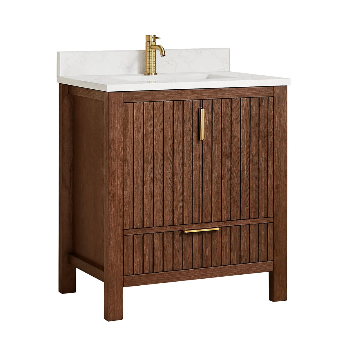 Faucet pictured is not included: 30-inch Aged Dark Brown Oak vanity, paired doors above a single drawer
