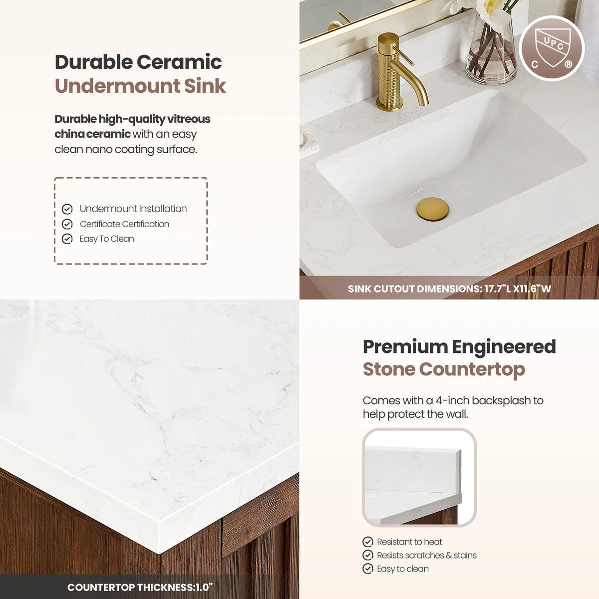 Countertop and basin info panels for the 30-inch Aged Dark Brown Oak cabinet, backsplash included