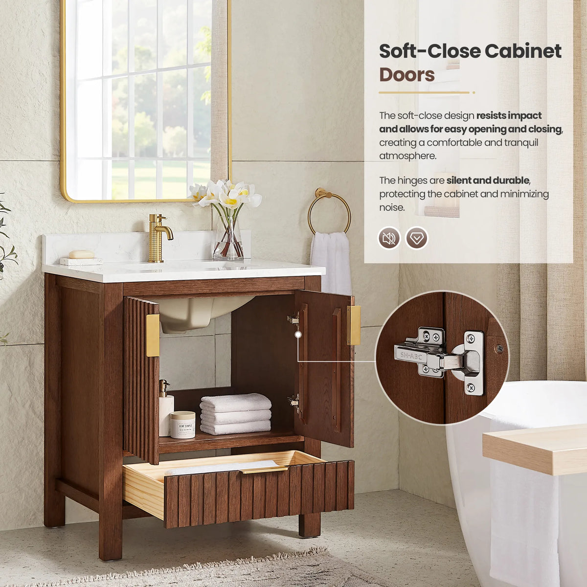Doors of the 30-inch Aged Dark Brown Oak cabinet open on a soft-close hinge shown in a circle