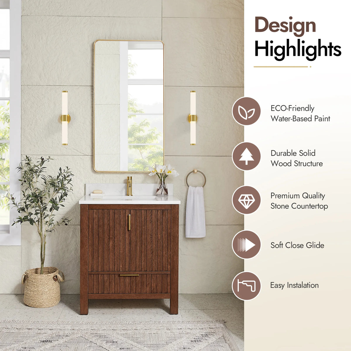 Highlights panel for the 30-inch Aged Dark Brown Oak vanity: eco-friendly paint and a solid wood build