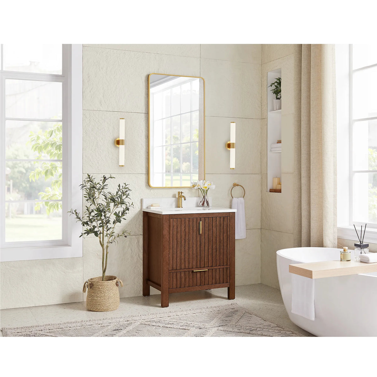 Wide room shot with a tub and window light behind the 30-inch Aged Dark Brown Oak vanity