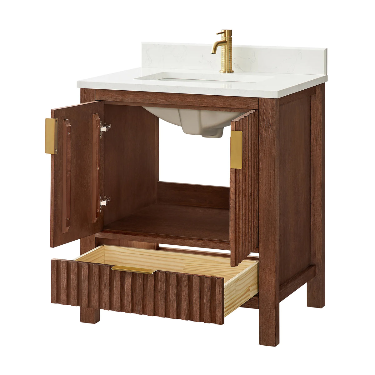 Product shot at an angle: 30-inch Aged Dark Brown Oak cabinet, doors wide and the drawer pulled forward