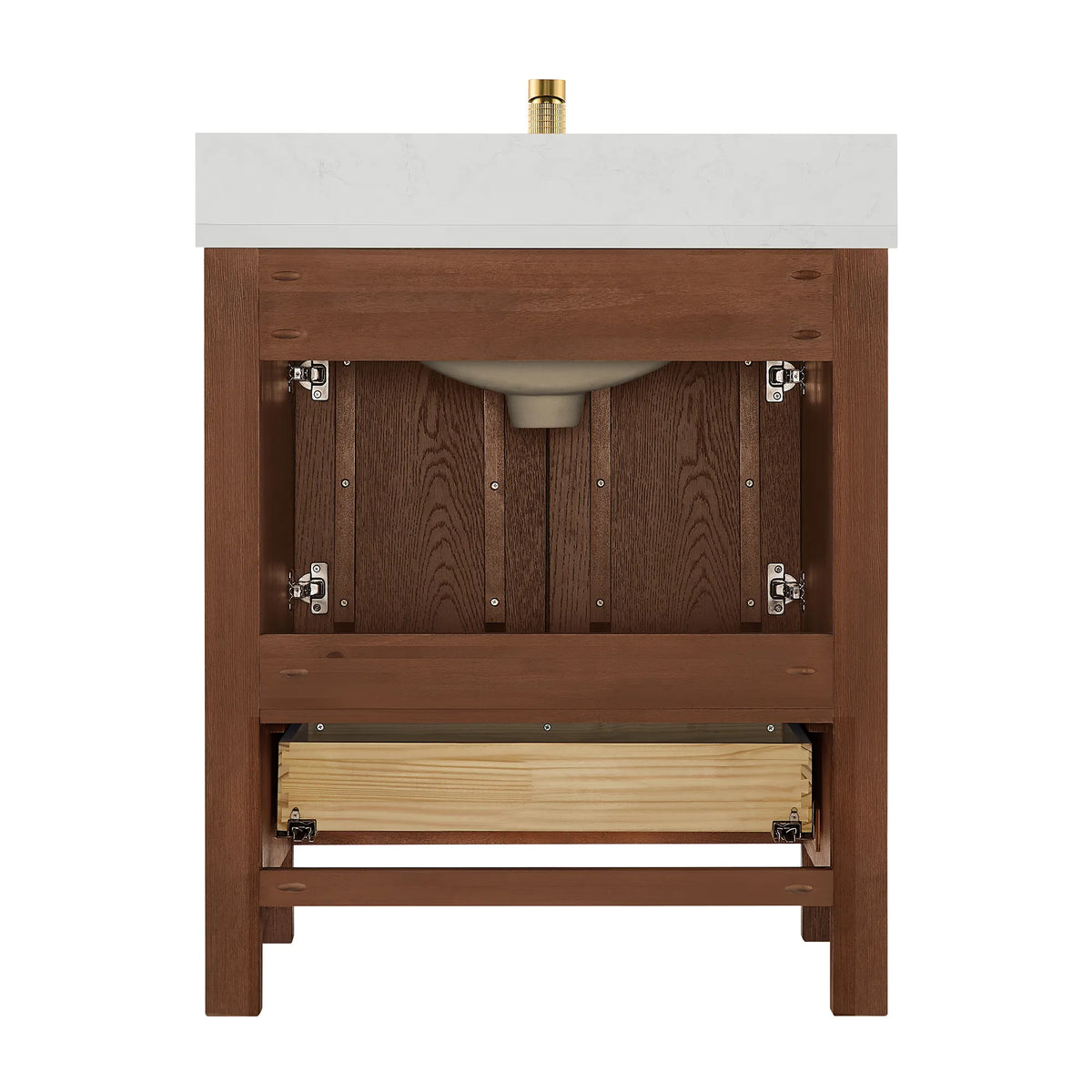 Interior of a 30-inch cabinet in Aged Dark Brown Oak against white, drawer boxes and open compartments