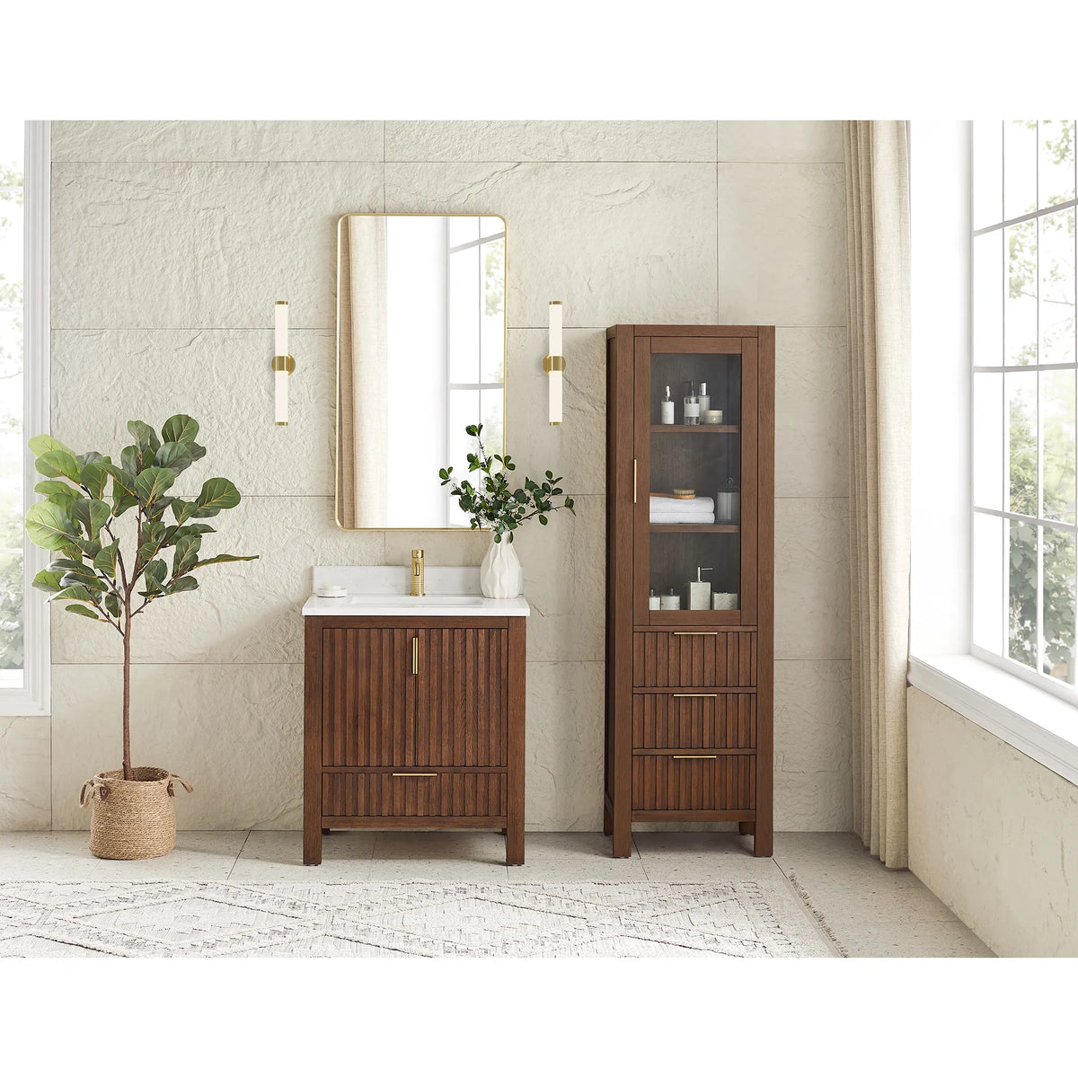 Tall cabinet with a see-through door beside the 30-inch Aged Dark Brown Oak vanity; the cabinet is not included