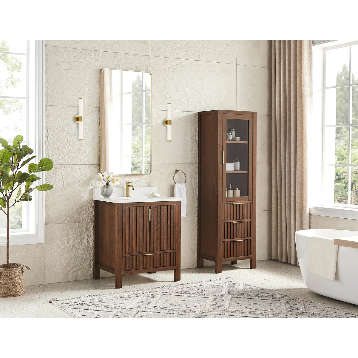 Sunlit bathroom, 30-inch vanity in Aged Dark Brown Oak, the extra tall cabinet shown is not part of the product